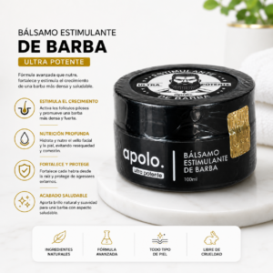 Frasco negro de bálsamo estimulante para barba de 100ml con etiqueta blanca y dorada, sobre base de mármol blanco.